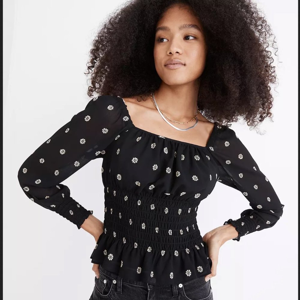 NWT Madewell Georgette Square-Neck Smock-Waist Top (S)
